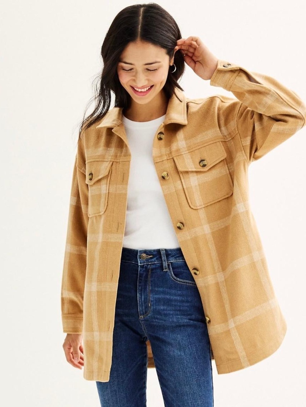 Oversized plaid flannel utility shirt jacket Shacket 1X pockets side